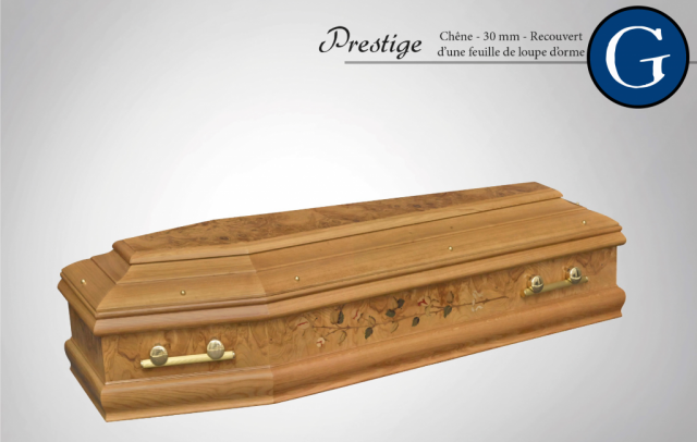 Cercueil Prestige - Chêne 30 mm Recouvert d'une feuille de loupe d'orme.